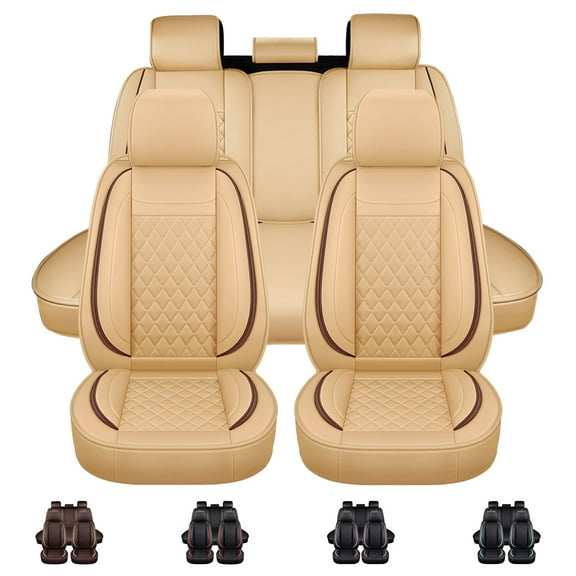 For 2000-2024 Chevy Malibu Impala Car 5 Seat Covers Front&Rear Full Set Cushion Luxury PU Leather Protector Waterproof Beige&Coffee Line