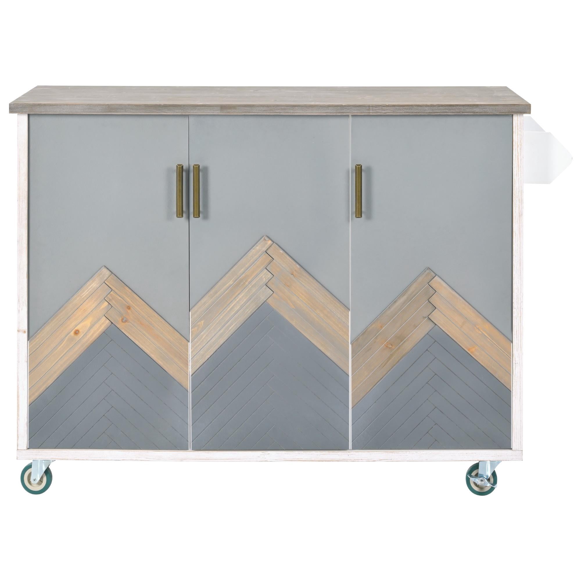 PORKISS Kitchen Island with Storage, Wooden Classical Storage Cart on Wheels with Drop Leaf for Living Room, Kitchen, Dining Room, Mountain Grain White