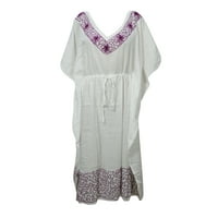 Mogul Bohemian Gypsy Chic White Cotton Long Caftan Dress L