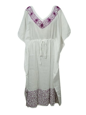 Mogul Bohemian Gypsy Chic White Cotton Long Caftan Dress L