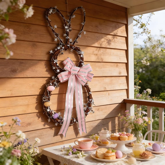 Easter Bunny Wreath, Spring Door Decoration, Plastic Bunny Shaped Wreath With Egg Bow For Front Door Hanging Window Display Or Indoor Easter And Spring Decor