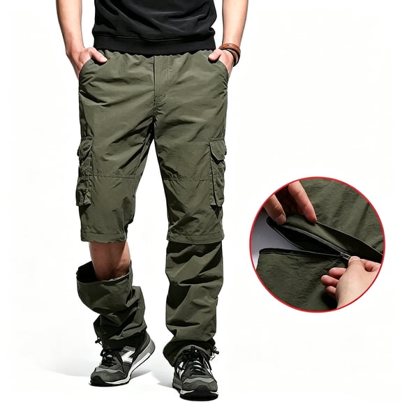 Men Stretch Multi Pocket Cargo Pants Straight Leg Zip Off Water Repellent Lightweight Travel Pants
