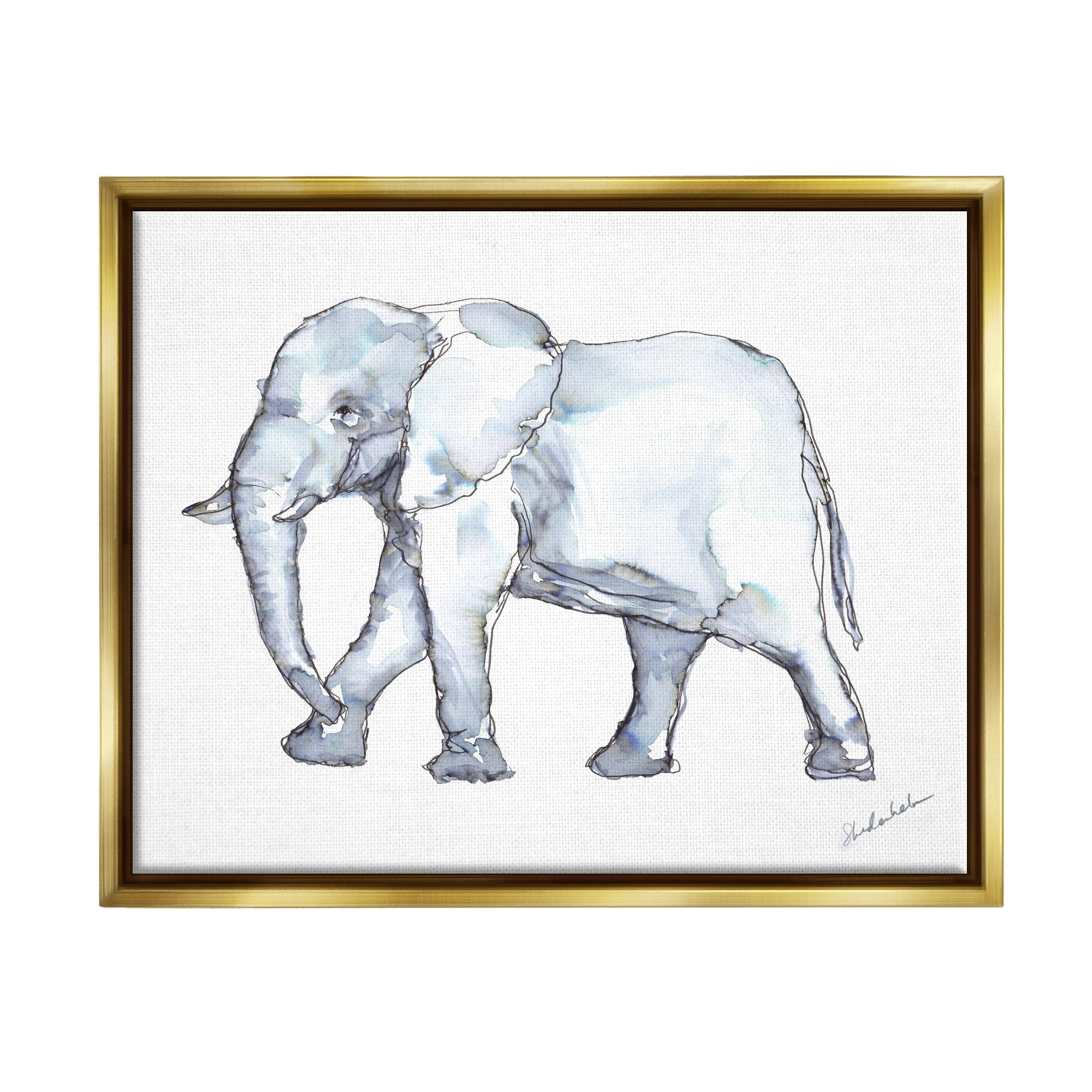 Stupell Industries Elephant Walking Casual Watercolor Sketch Style Painting Metallic Gold Floating Framed Canvas Print Wall Art, Design by Kendra Shedenhelm