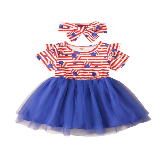 Filles Tout-Petits 4ème de Juillet Tenue Étoiles Rayures Imprimé Volants Manches Courtes Tutu Robe et Bandeau