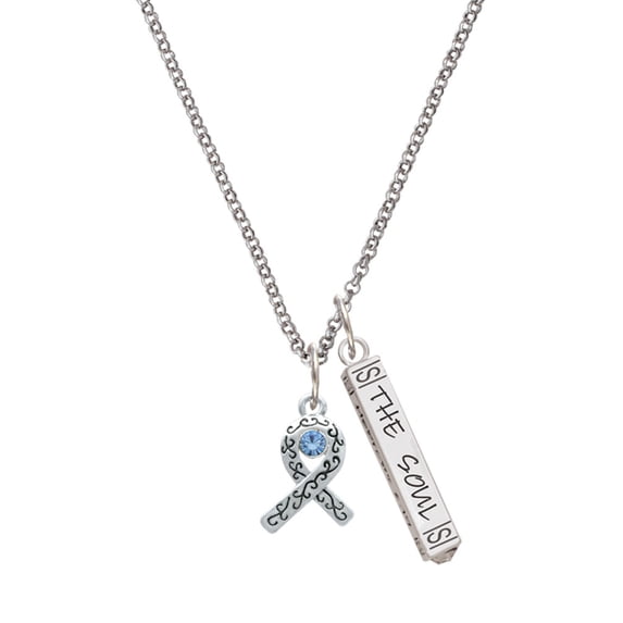 Delight Jewelry Silvertone Scroll Ribbon with Light Blue Crystal Silvertone Hope Anchors the Soul Bar Charm Necklace, 23"