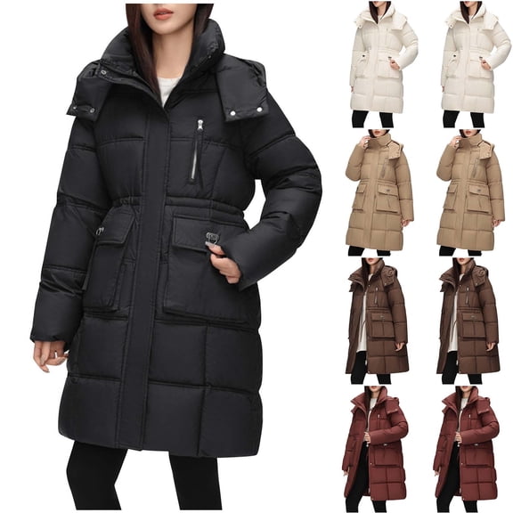 Womens Winter Coats Puffer Jacket Womens Winter Casual Loose Fashion Color Pocket Zippered Reversible Long Cotton Coat