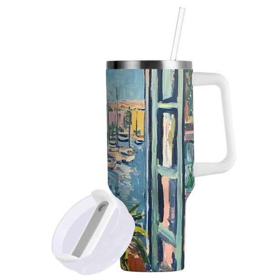 Yayeee 40oz Stainless Steel Tumbler with Straw and Handle Double-Wall Insulated Travel Water Bottle, Blue Sea Boat