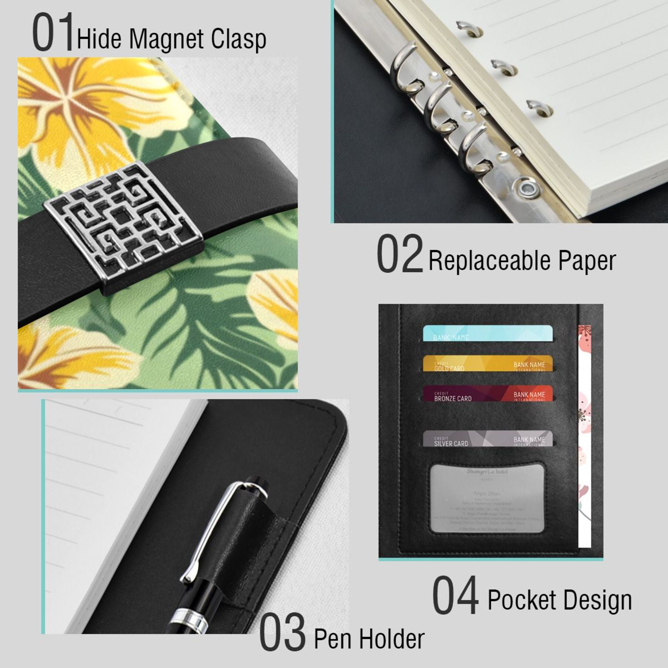 Leather Planner Leather Notebook Notebook Journal Binder Design Pen Pocket Design Convenient for Storage Hawaiian Yellow Flower
