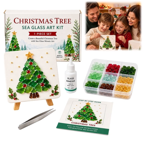 Christmas Sea Glass Art Kit – DIY Mosaic Craft for Beginners, Christmas Tree Design with Wooden Frame