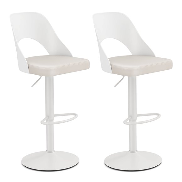 Gymax Bar Stools Set of 2 w/Enlarged PU Leather Seat Footrest Swivel Bar Chairs White