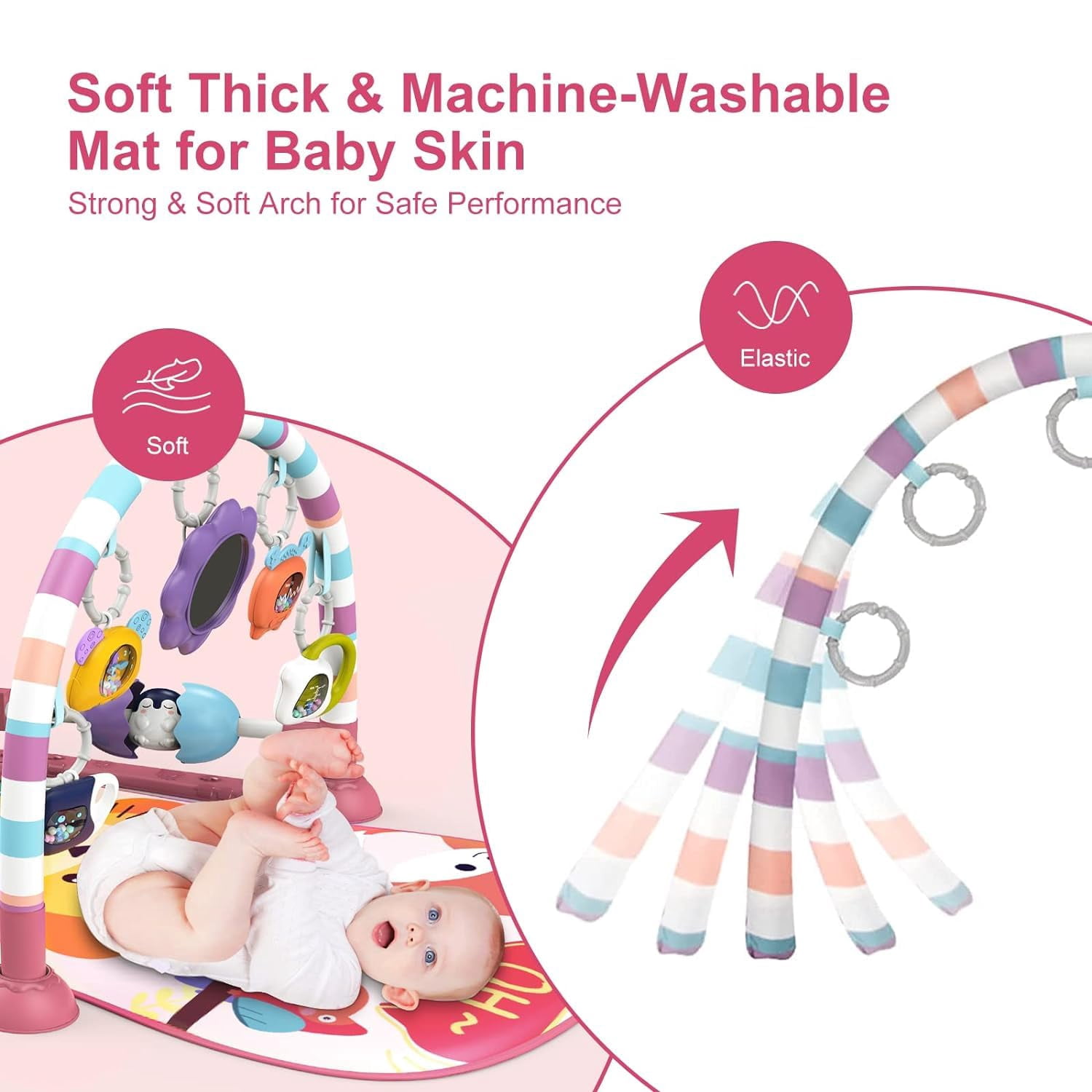 Baby Play Mat Baby Gym,Funny Play Piano Tummy Time Baby Activity Mat with 5 Infant Sensory Baby Toys & 4 Wrist Rattle Socks, Boy & Girl Gifts for Newborn Baby 0 to 3 6 9 12 Months(Pink)