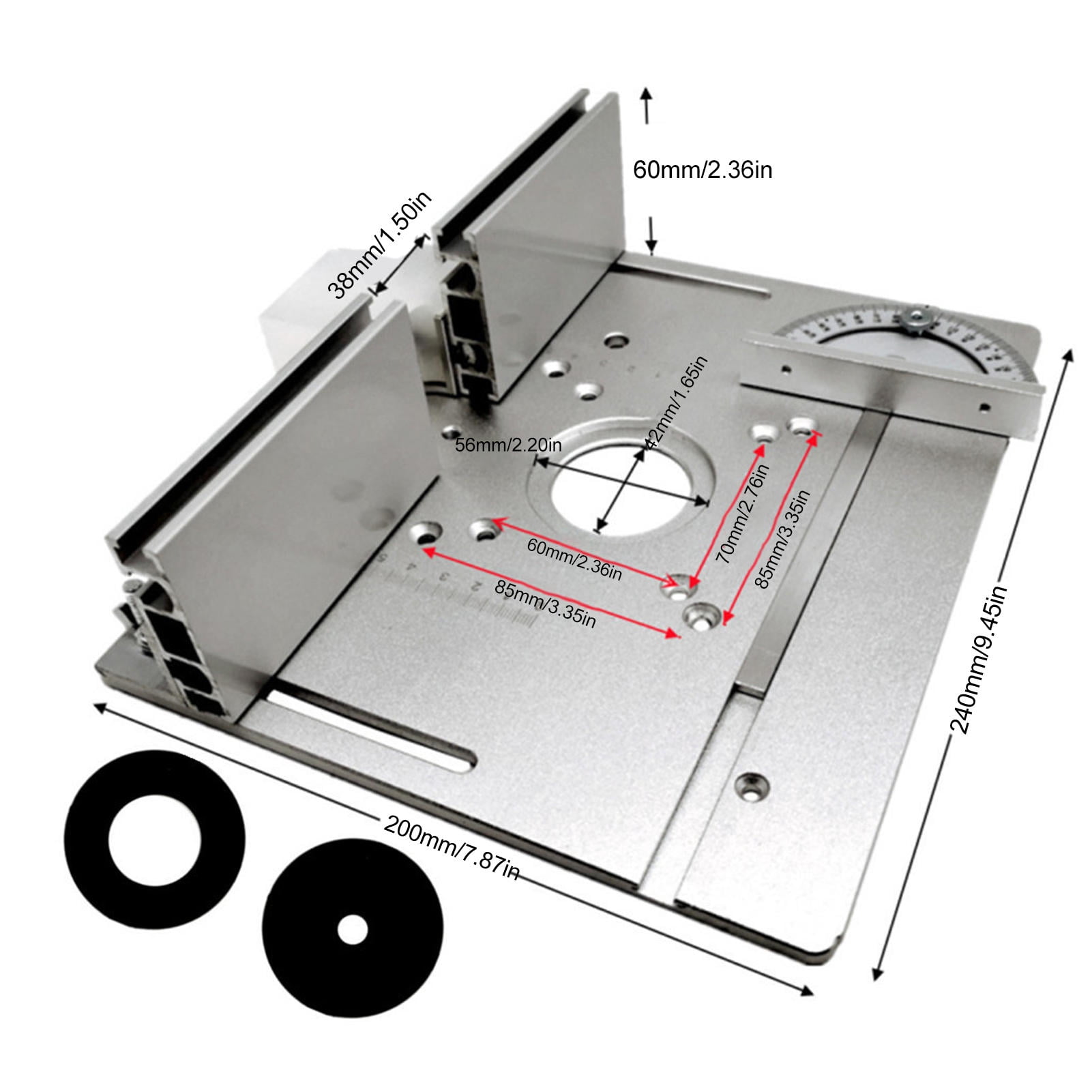 LAZIOEGR 2‑in‑1 Router Table Insert Plate – Dual 85x85mm/70x60mm Mounting, Aluminum Alloy, 180° Rotatable Ruler, Adjustable Fence, Smooth Surface, CNC‑Machined Scale