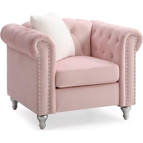 Maklaine Contemporary Velvet Chair Tufted with Faux Jewels in Pink