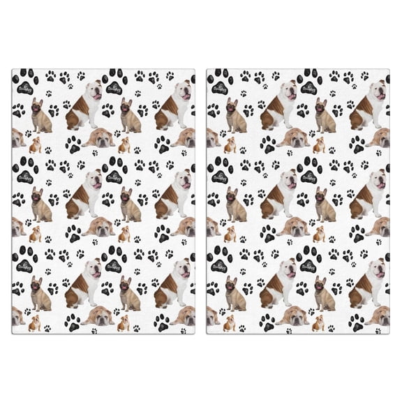 2 Pcs Funny Kitchen Towels,Bulldog Dog and Footprints Microfiber Dish Towels,Kitchen Tea Towels,Kitchen Towel Set (18" X 26")