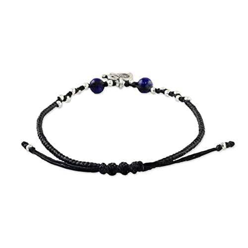NOVICA Lapis Lazuli Adjustable Beaded Bracelet with .925 Sterling Silver Elephant Pendant, 7", Spiritual Elephant'
