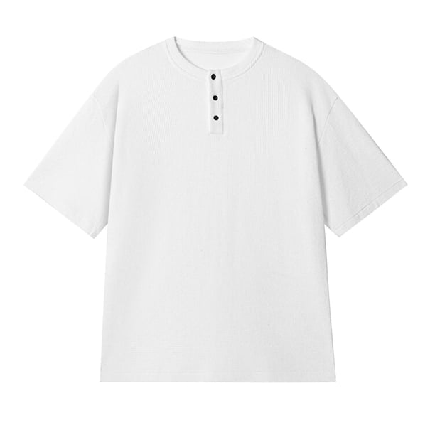 Camisas Elvqul de Hombre Playa Manga Corta de Color Sólido Blanco Cuello Redondo Botones