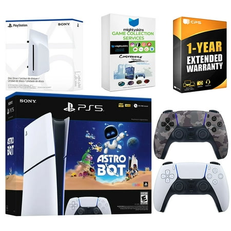 Sony PlayStation 5 Astro Bot Slim Digital Bundle with Disc Drive, Extra Controller, MightySkins Game Collection Services and 1 Year Extended Warranty - Gray Camo