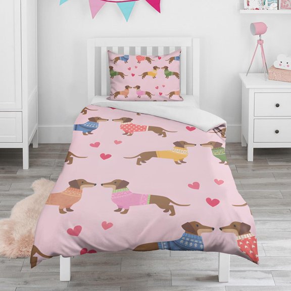 Colorful Funny Dachshund Duvet Cover and Pillowcase Set for Single Bedding, Bedroom Accessories for Kids Teens