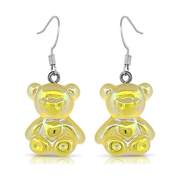 Besheek Silvertone and Yellow Resin Gummy Bear Boho Style Dangle Earrings