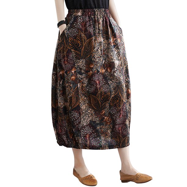 Falda de brotes con estampado vintage bohemio para mujer con bolsillos laterales en la cintura Abanopi Falda