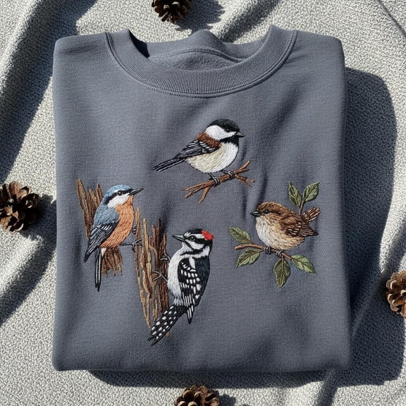 Embroidered Forest Birds Sweatshirt, Woodpecker Chickadee Nuthatch Bird Crewneck, Bird Lover Gift, Nature Wildlife Shirt