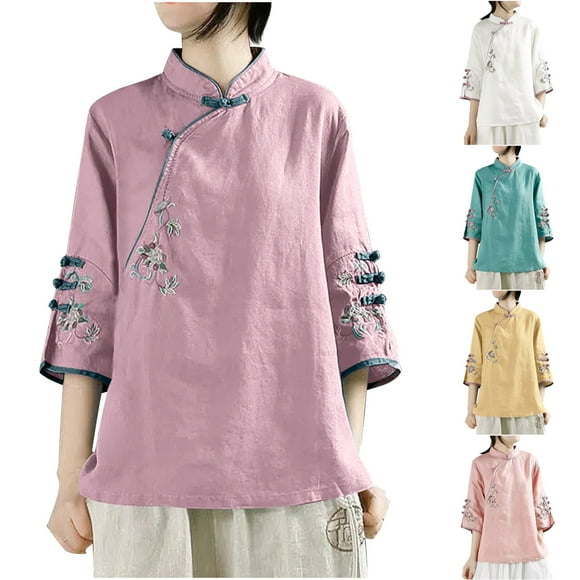 Jinhomg Ethnic Style Clothing For Women, Vintage Chinese Embroidery Frog Button Shirt Tops Loose Cotton Linen Stand Collar 3/4 Sleeve Blouses White M