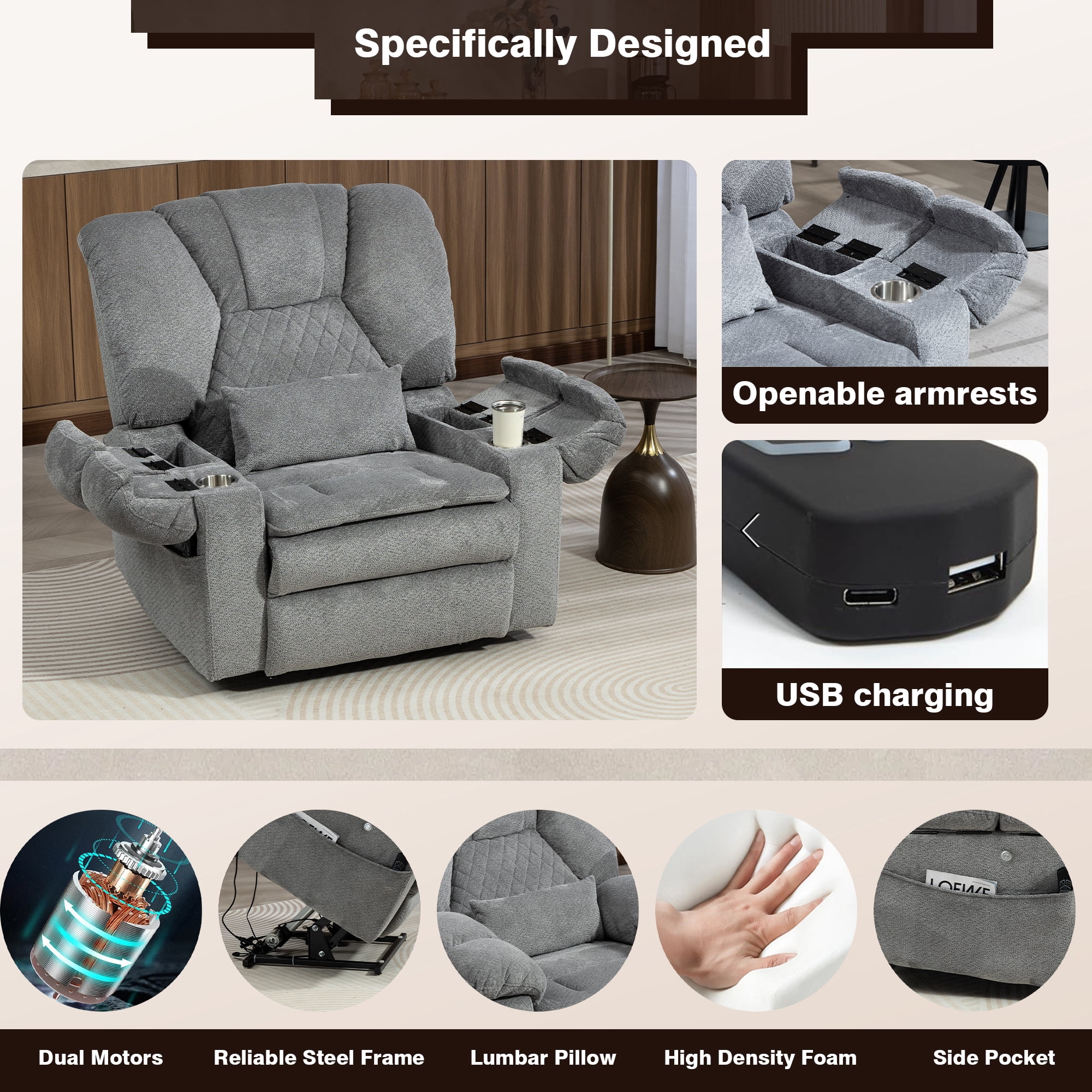 LITVZ Air Compression Waist Massage Recliner for Elderly, Big Man Recliner 400 lbs Heavy Duty, Oversized Power Lift Recliner Chair with Airbag Massage & Heating, Lay Flat 180° for Family