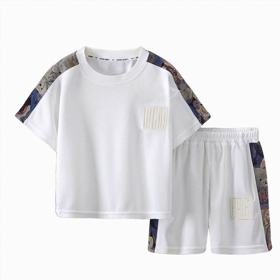 larppty Boys Clothes 2PCS Outfits Color Block T Shirt & Shorts Teen Boy Clothes Kids Summer Clothing Sets (7-8 Years,White)