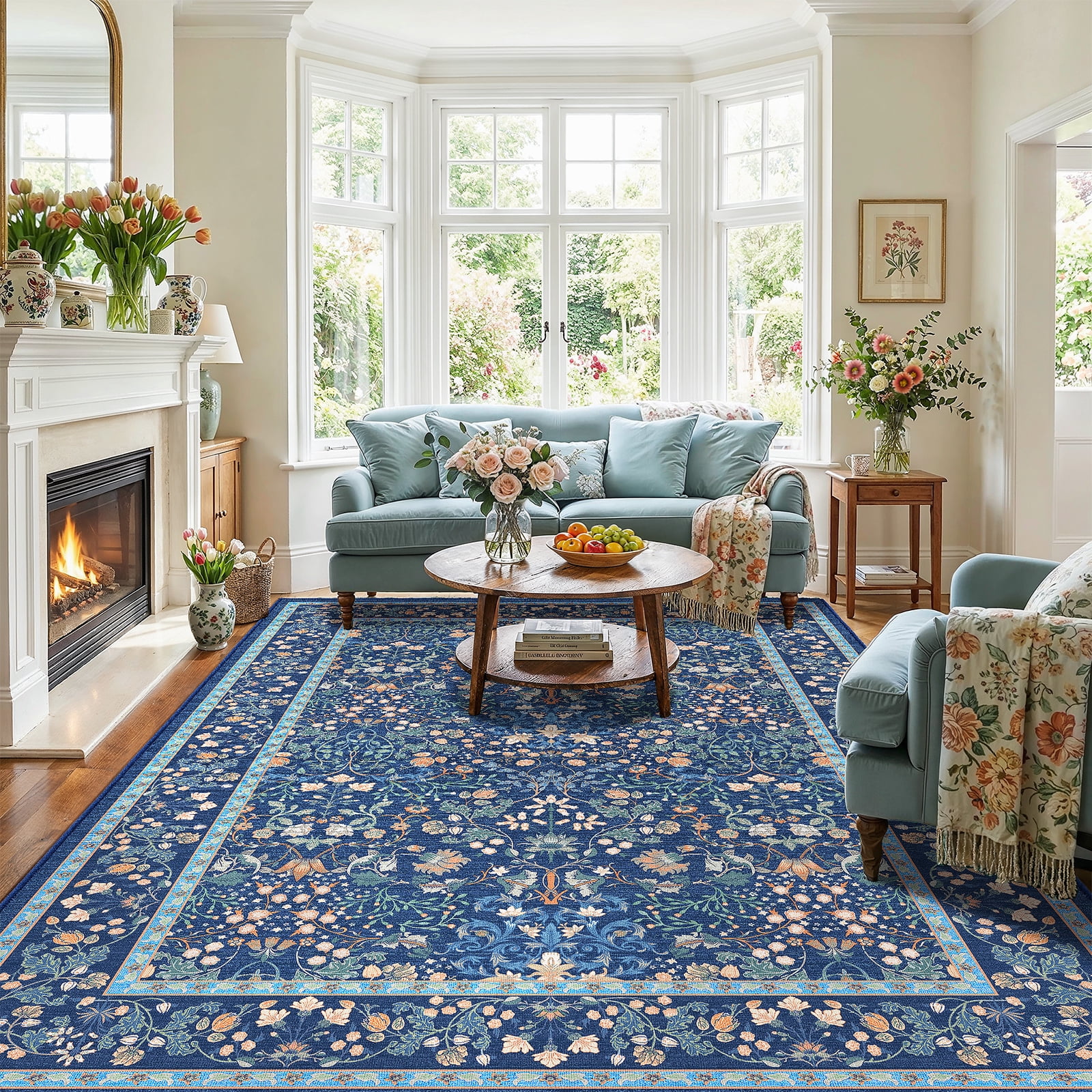 CHITOOMA 6'x9' Area Rugs for Living Room, Floral Washable Rug Boho Non-Slip Printed Carpet, Vintage Stain Resistant Indoor Rug for Bedroom Dining Room Home Office