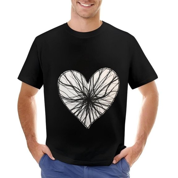 Men's Cotton Short Sleeve T-Shirt with Intricate Radiating Black Heart Design - Unique Graphic Tee for Casual Style
