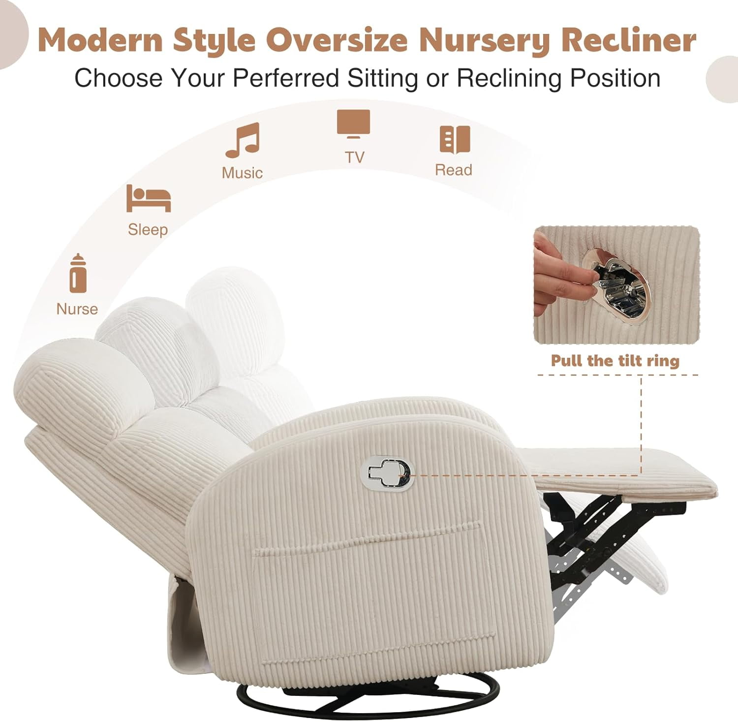 Aemeios Corduroy Swivel Rocker Glider Manual Recliner Nursery Rocking Chair with Double Pockets, White