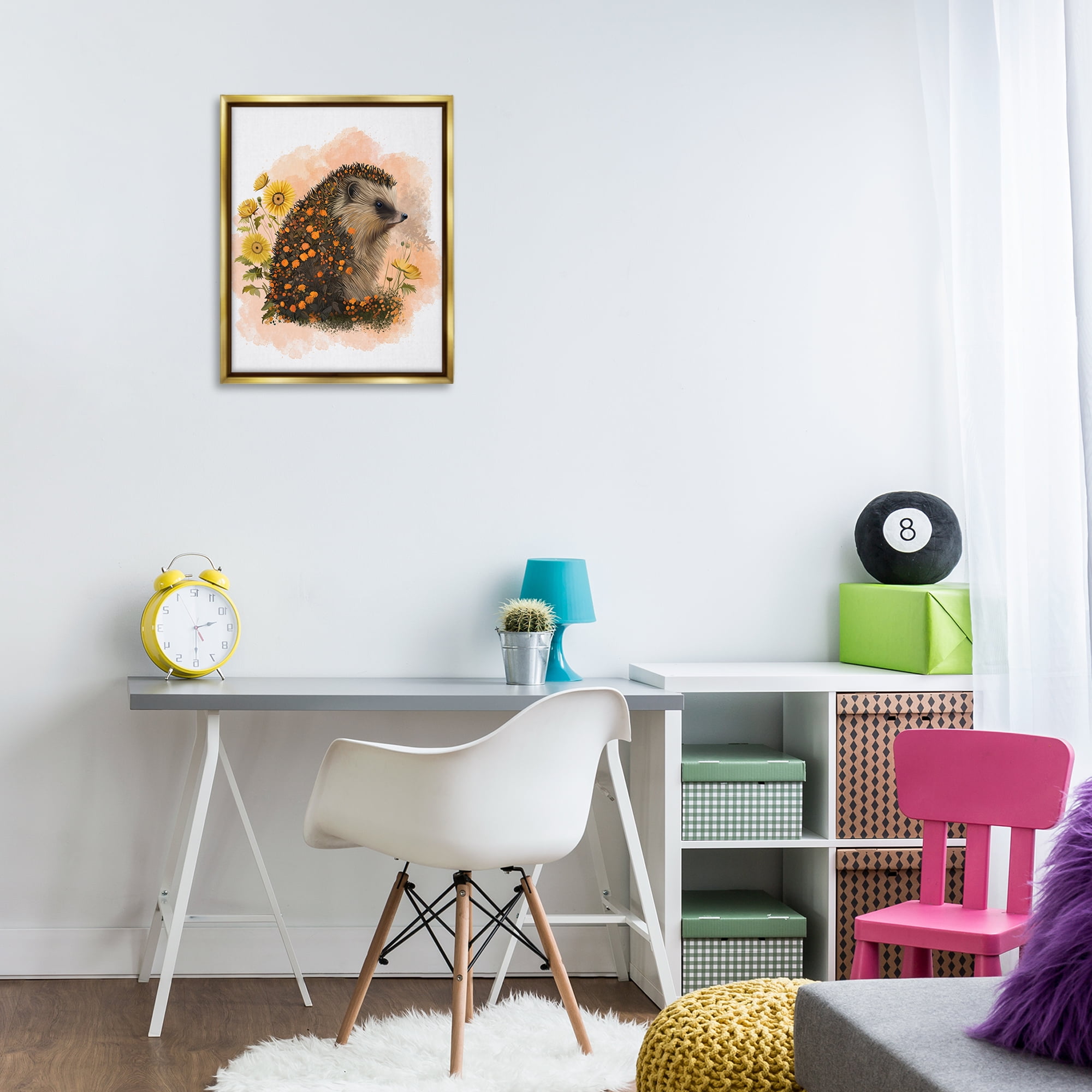 Stupell Industries Wildflower Patterned Hedgehog Animals & Insects Painting Gold Floater Framed Canvas Art Print Wall Art, 17 x 21