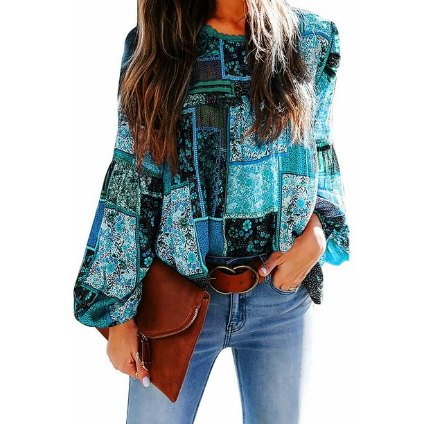 Camisa de mujer Jumpingount cuello liso plisado Casual manga casquillo Bohemia blusa interior exterior Azul METRO