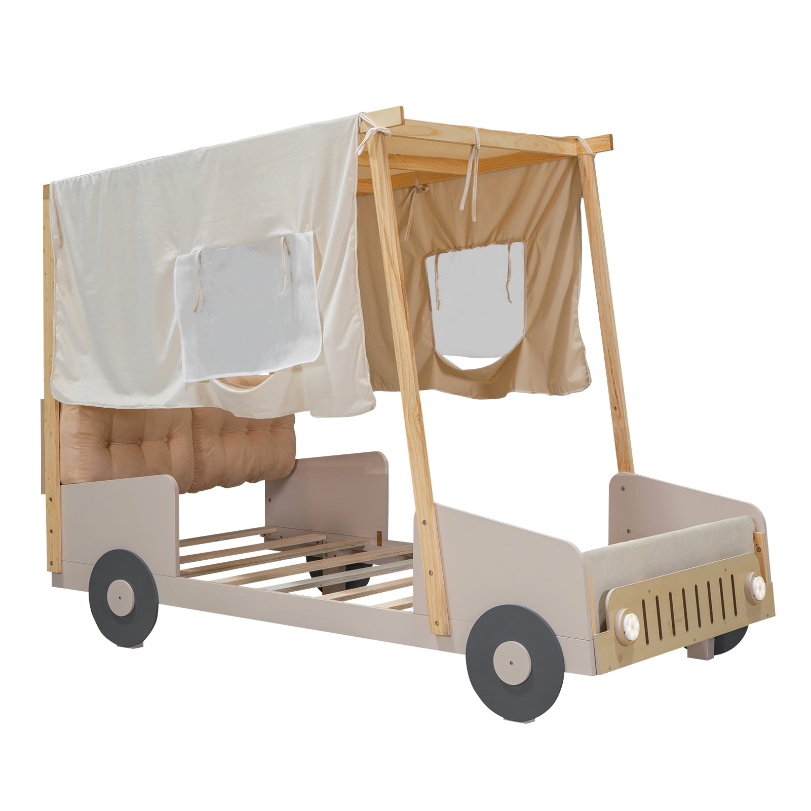 Car Shaped Platform Bed Frame for Kids with Headboard, Pillow, Ceiling Cloth and LED Light, Twin Size Wood Car Bed with Canopy Frame