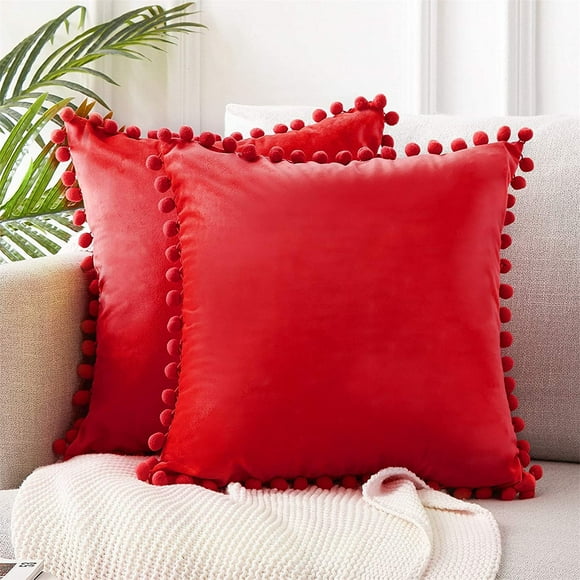 Set of 2 Velvet Cushions with Pompoms Solid Color Cushion Covers Decorative Cushions Cushions Seat Cushions Decorative Cushions Couch Cushions for Sofa, Bedroom, Office 45X45cm