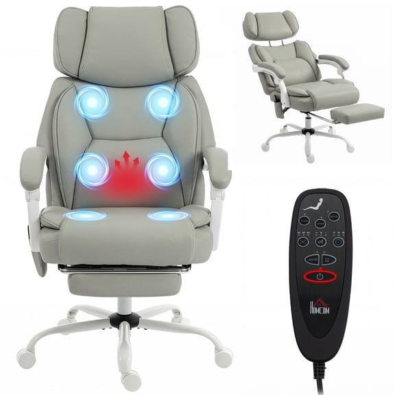 Office Chair with Vibration Massage and Lumbar Heat, High Back Reclining Computer Chair with Retractable Footrest, PU Leather Executive Swivel Desk Chair, Light Gray, Supports 264 lbs