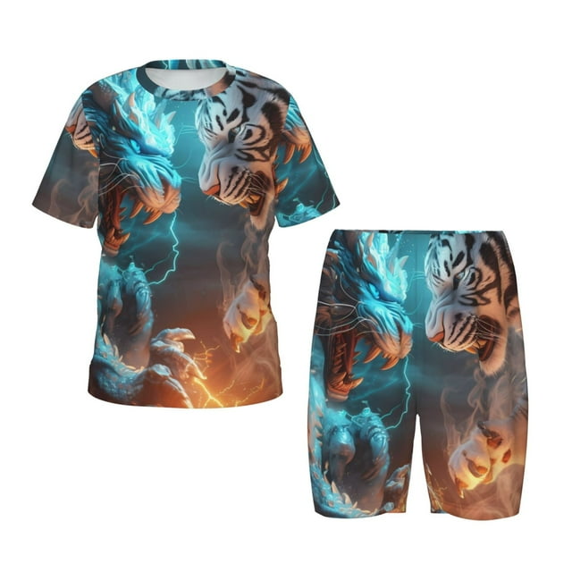 Fotbe Blue Dragon And White Tiger Pijama Estampada de 2 Piezas para Niños – Ropa de Dormir de Manga Corta Cómoda para Niños y Niñas, Camiseta y Shorts de Algodón-X-Large