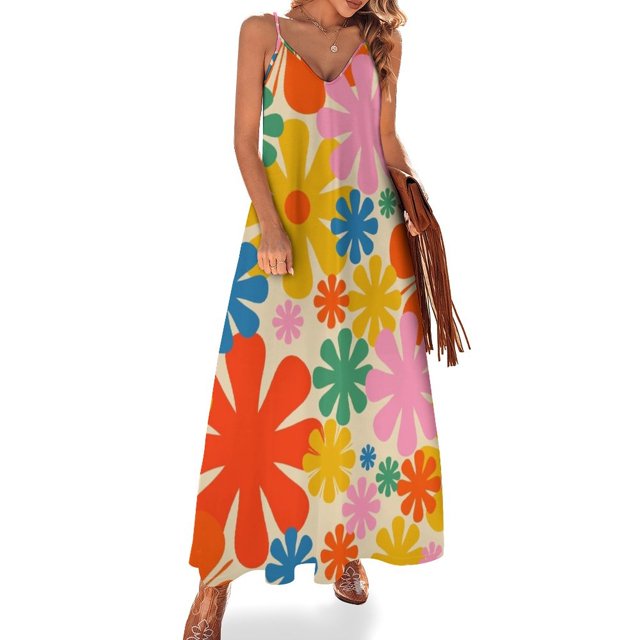 Vestido sin mangas con estampado floral colorido y estético retro de los años 60 y 70, vestidos de fiesta para mujer, vestido de noche elegante y chic
