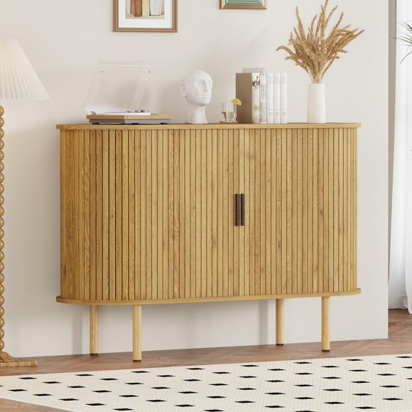 47" Mid Century Modern Sideboard Buffet Cabinet - Sliding Door Storage Cabinet for Kitchen, Living Room & Entryway, Oak