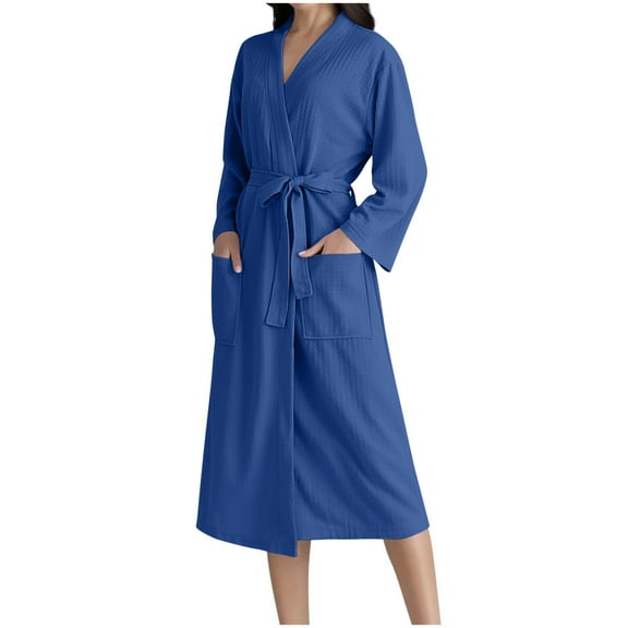 Robes for Women Premium Womens Lightweight Knee Length Bathrobe Soft Long Sleeve Loungewear Blue 2XL