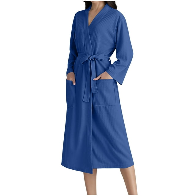 Women's Long Sleeve V Neck Solid Color Open Front Bathrobe with Belt ...