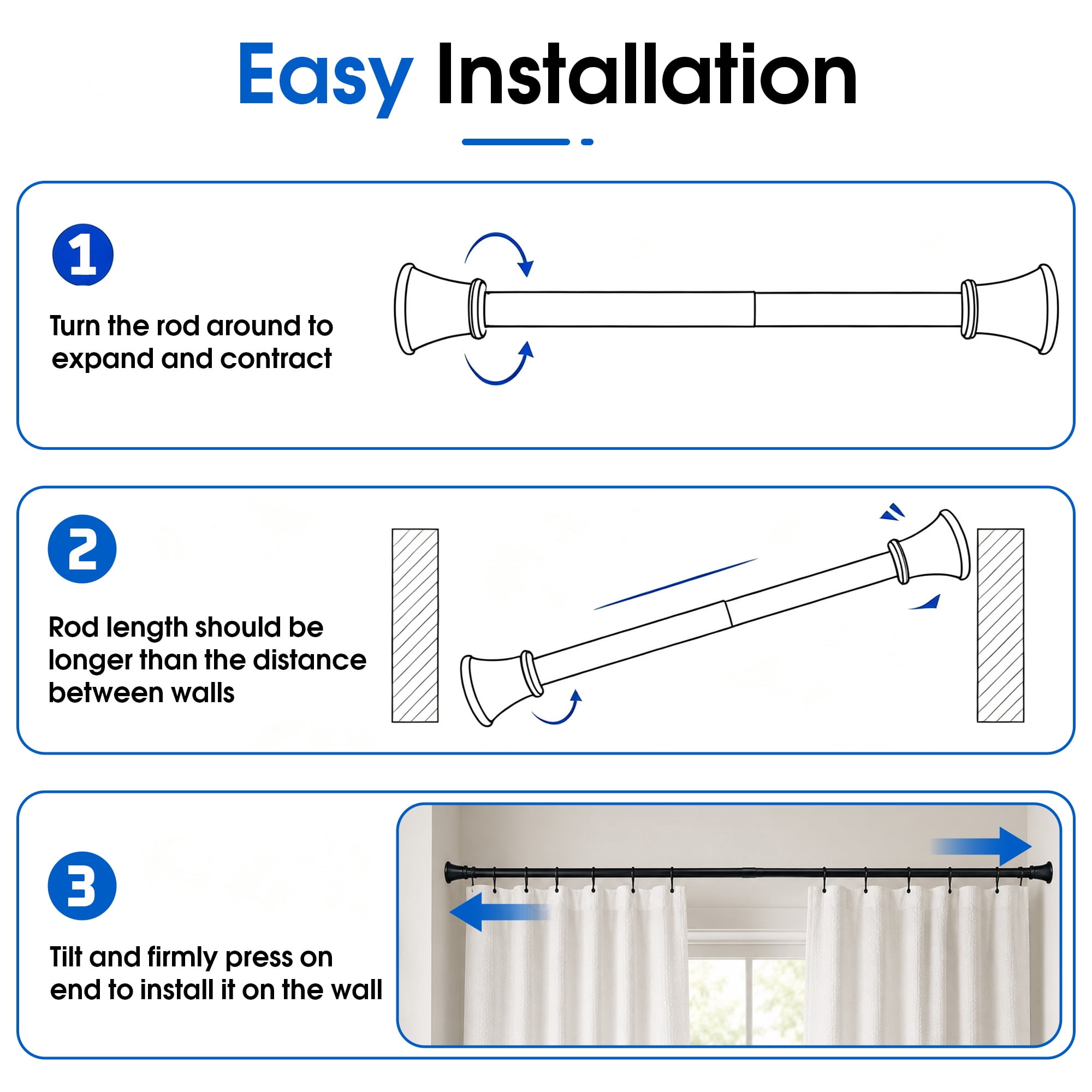 41-78 Inch Adjustable Shower Tension Curtain Rod, No Drill Spring Tension Rod, Non‑Slip Shower Curtain Pole, No‑Drill Hanging Rod for Bathroom Partition, Bedroom Window Curtains, Wardrobe Closet
