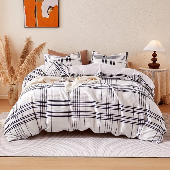 Sonive Waffle Duvet Cover Set Blue Grid, 3 Pieces Modern Pattern Waffle Weave with Pillow Sham, Queen