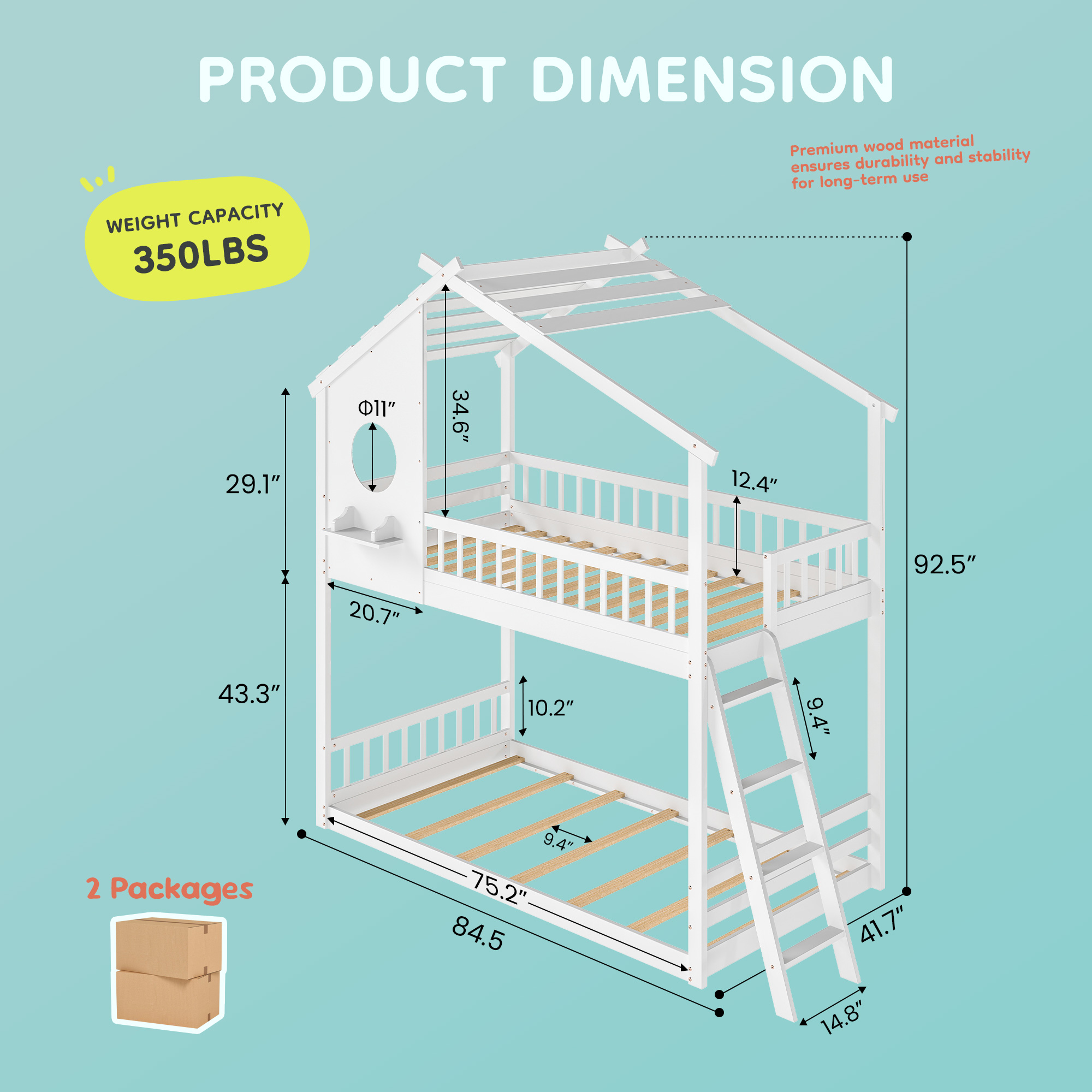 Gianna Twin Over Twin Wood Bunk Bed, Low Loft with Ladder, Roof & Safety Guardrails, Easy Assembly, White
