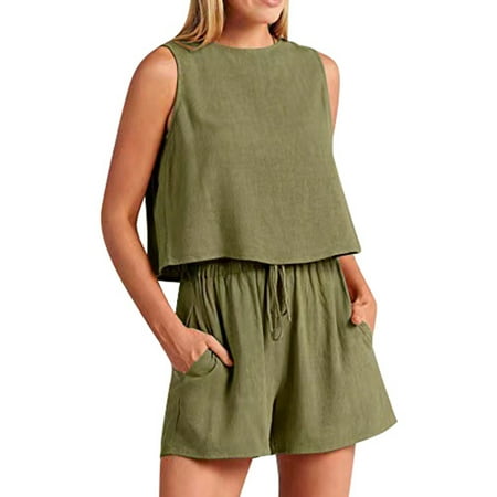 OJSFQUFP Hiking Outfit Women Green Spring Summer Women s Casual Sleeveless Solid Color High Waist Loose Shorts Two Piece Set Short Matching Clothing Set L