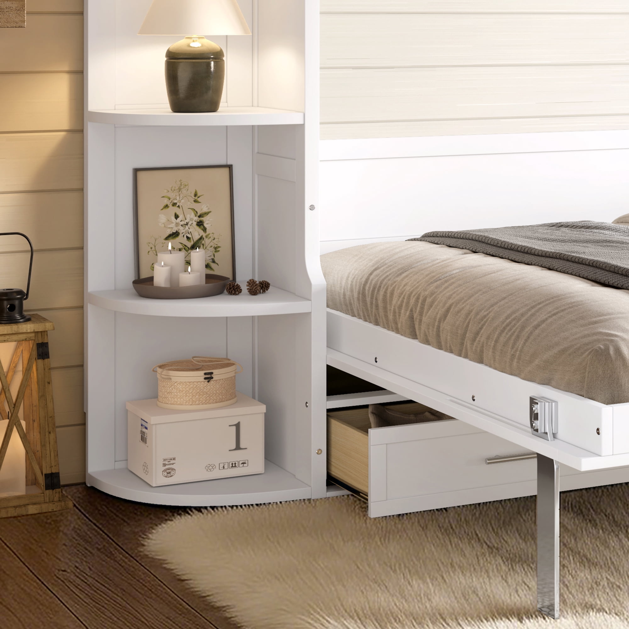 Mintazer Queen Murphy Bed with Side Cabinets & 3 Drawers, Wall Foldable Bed with Storage for Bedroom Guest Room Home Office, White