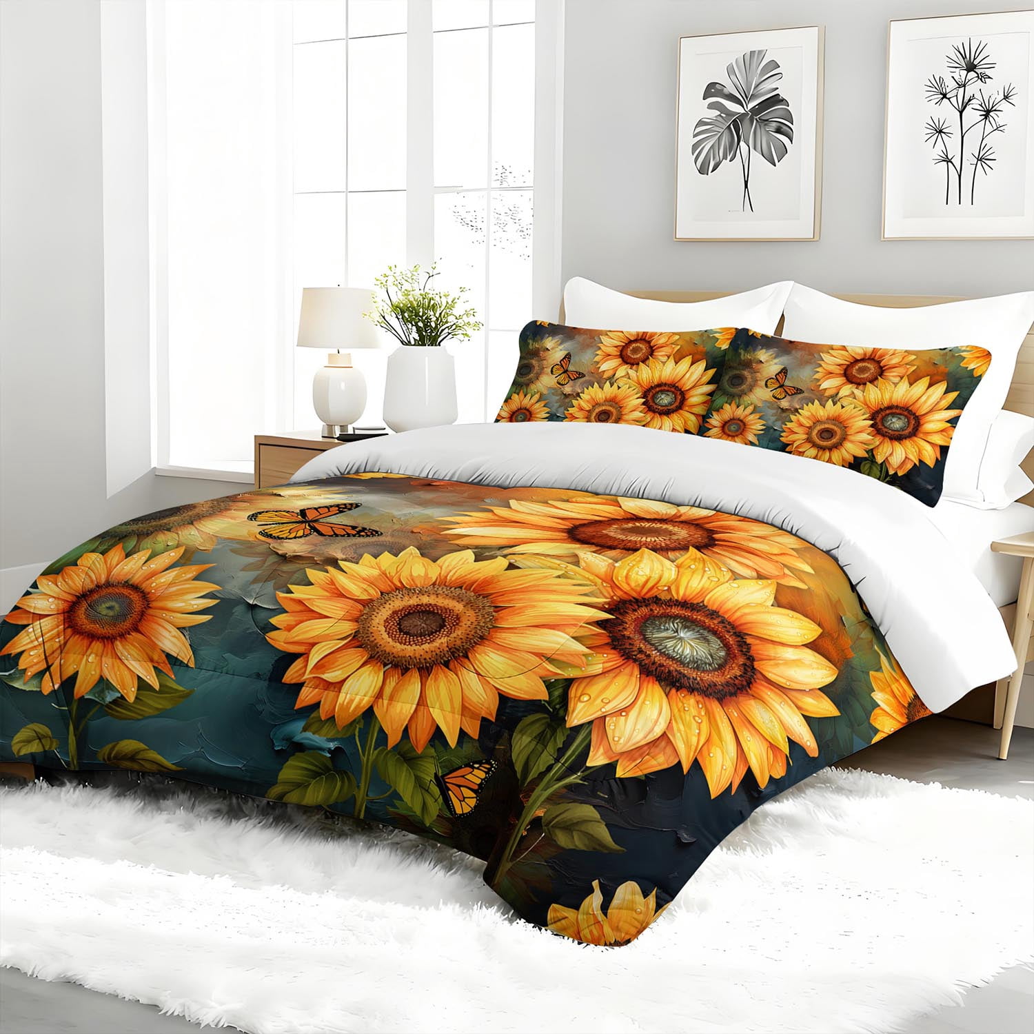 3pcs Sunflower Butterfly Comforter Set, Rustic Bedding Set for Bedroom or Guest Room Decor, All Seasons Quilt Machine Washable Duvet with 2 Pillowcases