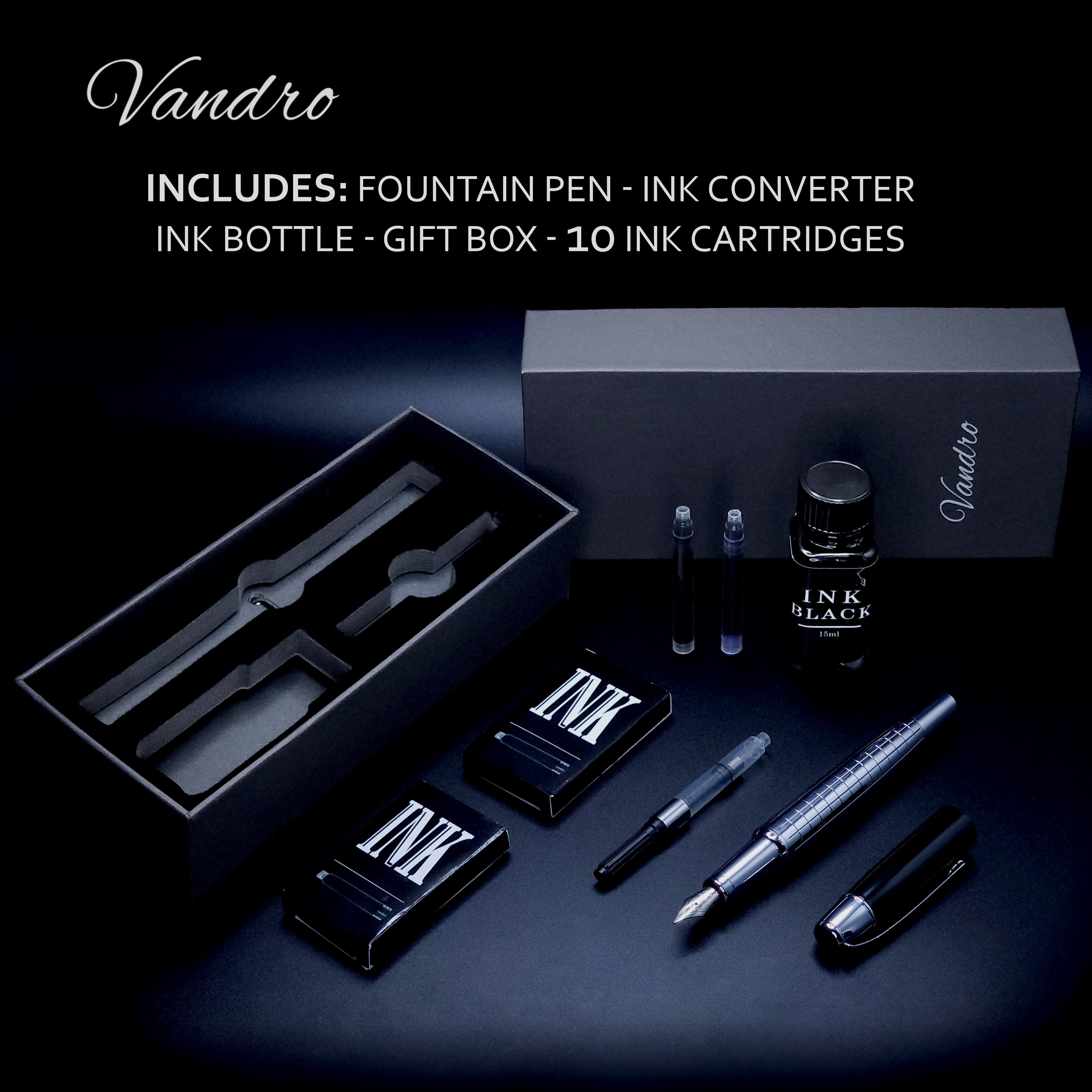 Vandro Complete Luxury Fountain Pen Set - Comfortable Grip with Smooth Fine Nib - Includes 10 Pack Ink Cartridges, Black Ink Bottle, Ink Refill Converter & Gift Box - Sky Silver