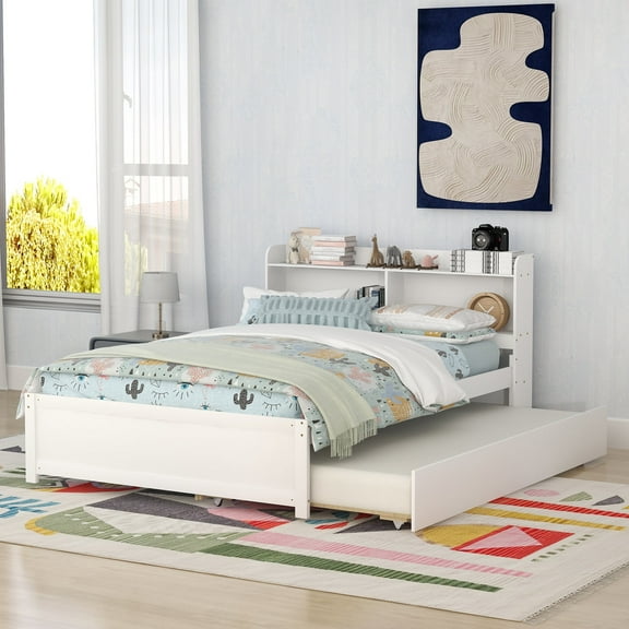 Full Trundle Bed with Bookcase Headboard, Wood Full Size Platform Bed Frame for Teens, No Box Spring Needed (White)