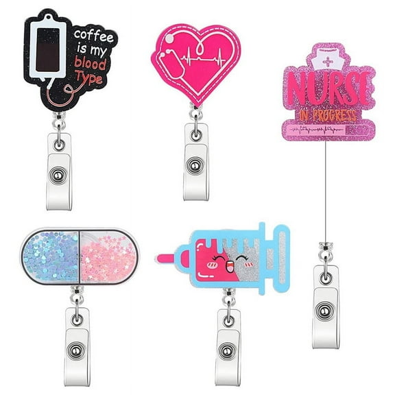 Cute Nurse Badge Reel Retractable-ID Badge Holder with Clip-5 PCs Acrylic Badge Reel with Alligator Clip